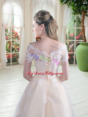 Nice Tulle Short Sleeves High Low Homecoming Dress and Lace