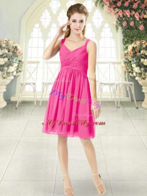 Sleeveless Chiffon Knee Length Zipper in Hot Pink with Ruching