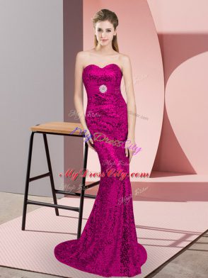 Chic Fuchsia Sequined Lace Up Prom Dresses Sleeveless Sweep Train Belt