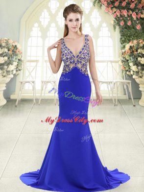 Blue Sleeveless Elastic Woven Satin Sweep Train Backless Prom Evening Gown for Prom and Party