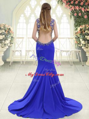 Blue Sleeveless Elastic Woven Satin Sweep Train Backless Prom Evening Gown for Prom and Party