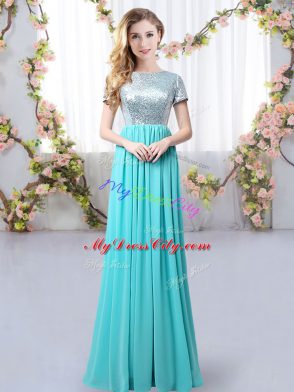 Custom Made Empire Vestidos de Damas Aqua Blue Scoop Chiffon Short Sleeves Floor Length Zipper