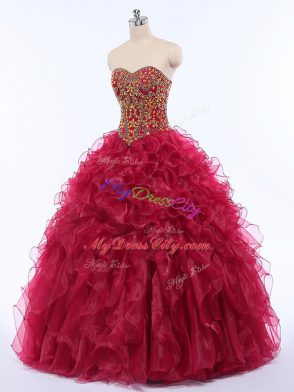 Floor Length Wine Red 15 Quinceanera Dress Organza Sleeveless Beading and Ruffles