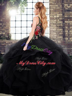 Custom Design Black Sleeveless Floor Length Embroidery and Ruffles Zipper Ball Gown Prom Dress