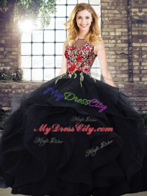 Custom Design Black Sleeveless Floor Length Embroidery and Ruffles Zipper Ball Gown Prom Dress