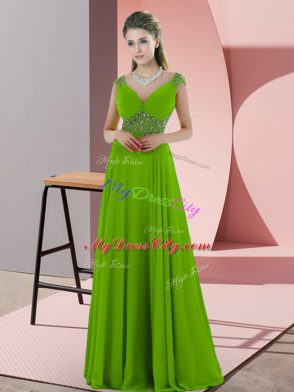 Modern Floor Length Backless Prom Evening Gown Green for Prom and Party and Military Ball with Beading