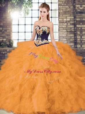 Orange Sleeveless Floor Length Beading and Embroidery Lace Up 15th Birthday Dress