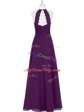 Exquisite Floor Length Eggplant Purple Evening Dress Halter Top Sleeveless Zipper