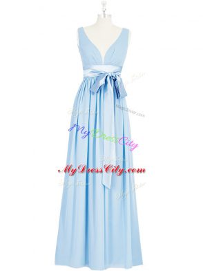 Baby Blue Backless Prom Dresses Ruching and Bowknot Sleeveless Floor Length