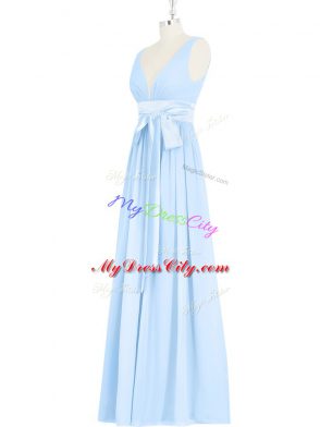 Baby Blue Backless Prom Dresses Ruching and Bowknot Sleeveless Floor Length