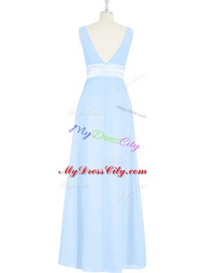 Baby Blue Backless Prom Dresses Ruching and Bowknot Sleeveless Floor Length