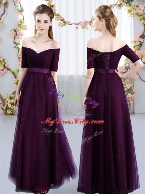 Dark Purple Bridesmaid Dress Prom and Party and Wedding Party with Ruching Off The Shoulder Short Sleeves Lace Up