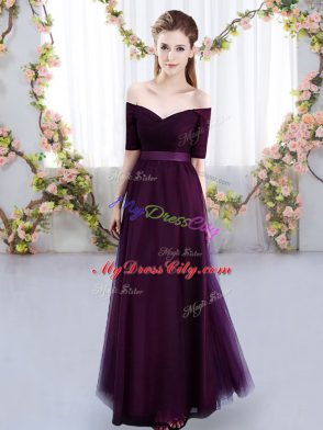 Dark Purple Bridesmaid Dress Prom and Party and Wedding Party with Ruching Off The Shoulder Short Sleeves Lace Up