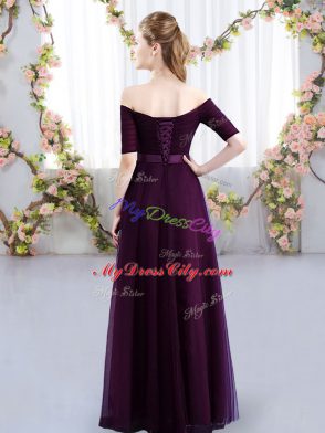 Dark Purple Bridesmaid Dress Prom and Party and Wedding Party with Ruching Off The Shoulder Short Sleeves Lace Up