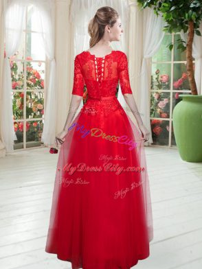 Clearance Tulle Half Sleeves Floor Length Dress for Prom and Lace