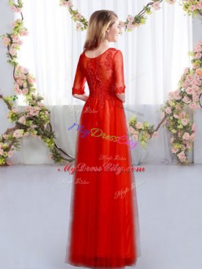 Discount Empire Dama Dress for Quinceanera Red Scoop Tulle Half Sleeves Floor Length Zipper