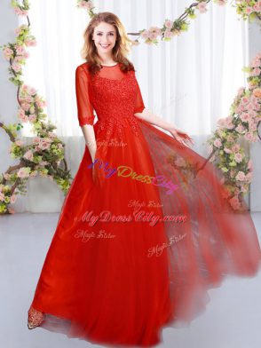 Discount Empire Dama Dress for Quinceanera Red Scoop Tulle Half Sleeves Floor Length Zipper