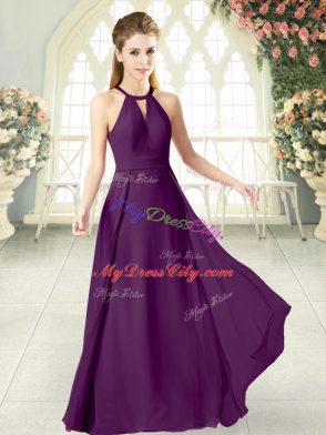 Simple Sleeveless Chiffon Floor Length Zipper Prom Party Dress in Purple with Ruching