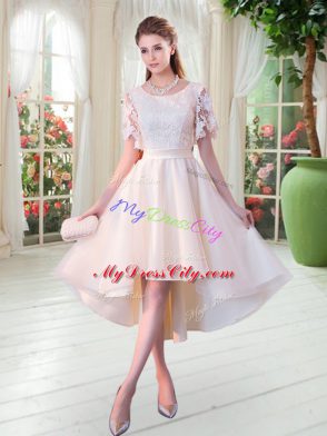 Wonderful Scoop Short Sleeves Homecoming Dress High Low Lace Champagne Tulle