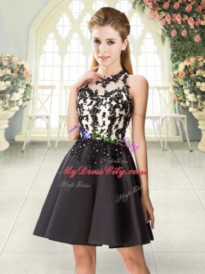 Flirting Mini Length Black Evening Dress Satin Sleeveless Beading and Appliques