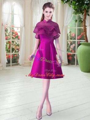 New Style High-neck Cap Sleeves Lace Up Prom Gown Purple Satin