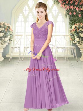 Best Selling Lilac Prom Gown Prom and Party with Lace V-neck Cap Sleeves Zipper