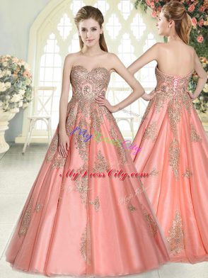 Sweetheart Sleeveless Prom Party Dress Floor Length Appliques Watermelon Red Tulle