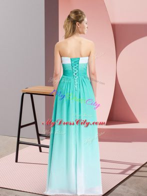 Graceful Ruching Prom Evening Gown Turquoise Lace Up Sleeveless Floor Length