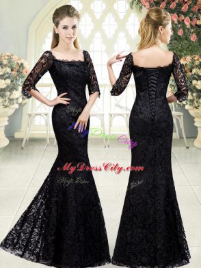 Black Lace Up Prom Party Dress Beading and Lace Half Sleeves Sweep Train