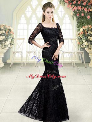 Black Lace Up Prom Party Dress Beading and Lace Half Sleeves Sweep Train