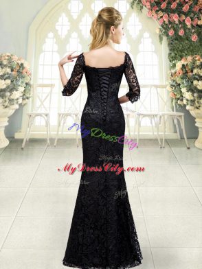 Black Lace Up Prom Party Dress Beading and Lace Half Sleeves Sweep Train