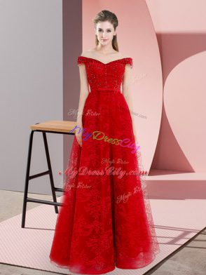 Red Sleeveless Sweep Train Beading and Lace Prom Evening Gown