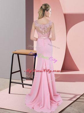 Latest Baby Pink Sleeveless Chiffon Sweep Train Zipper Evening Wear for Prom and Party and Military Ball