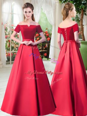 Popular Red Lace Up Dress for Prom Belt Short Sleeves Floor Length