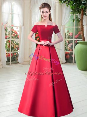 Popular Red Lace Up Dress for Prom Belt Short Sleeves Floor Length