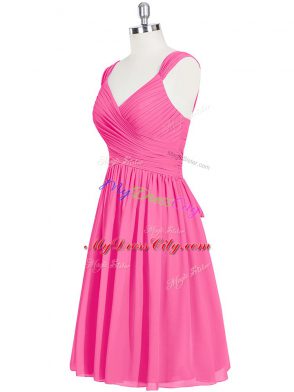 Custom Design Pink A-line Chiffon Straps Sleeveless Ruching Mini Length Zipper Evening Dress