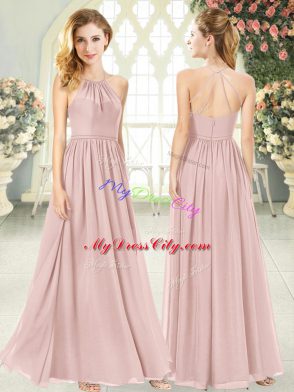 Pink Chiffon Criss Cross Homecoming Dress Sleeveless Floor Length Ruching