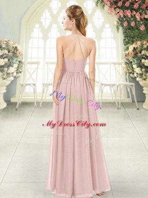 Pink Chiffon Criss Cross Homecoming Dress Sleeveless Floor Length Ruching