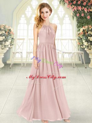 Pink Chiffon Criss Cross Homecoming Dress Sleeveless Floor Length Ruching