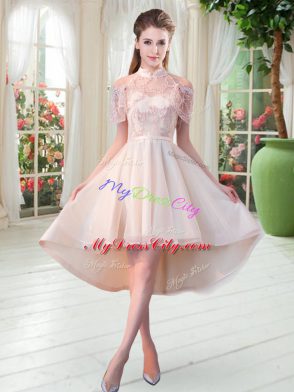 Sumptuous Champagne A-line Tulle High-neck Short Sleeves Lace High Low Zipper Dress for Prom