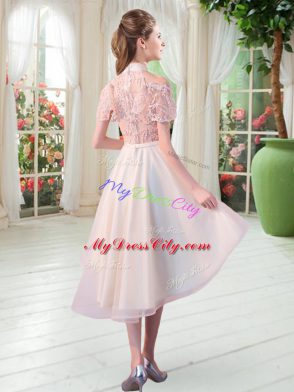 Sumptuous Champagne A-line Tulle High-neck Short Sleeves Lace High Low Zipper Dress for Prom