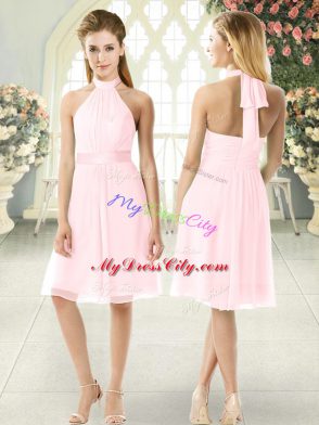 Empire Dress for Prom Pink Halter Top Chiffon Sleeveless Knee Length Zipper