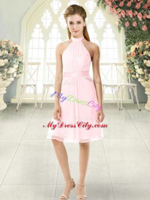 Empire Dress for Prom Pink Halter Top Chiffon Sleeveless Knee Length Zipper