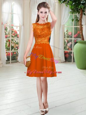 Stunning Orange Red Satin Zipper Dress for Prom Sleeveless Knee Length Lace