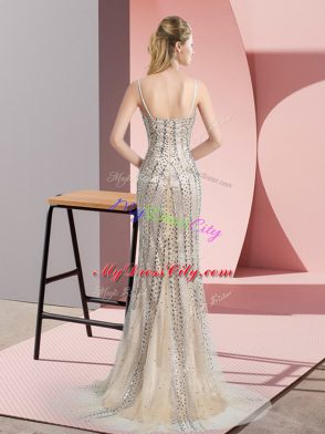 Dramatic Champagne Spaghetti Straps Neckline Beading Juniors Evening Dress Sleeveless Zipper