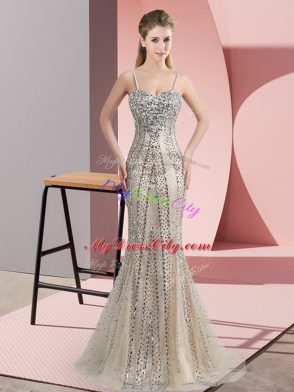 Dramatic Champagne Spaghetti Straps Neckline Beading Juniors Evening Dress Sleeveless Zipper