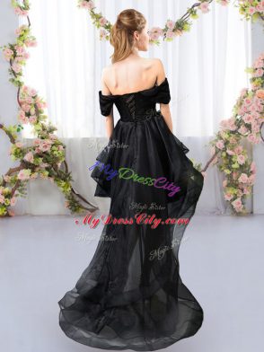 Great Black A-line Lace and Ruffled Layers Wedding Guest Dresses Lace Up Tulle Short Sleeves High Low