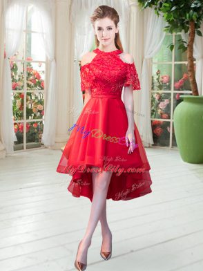 Romantic Red Short Sleeves Lace High Low Prom Gown