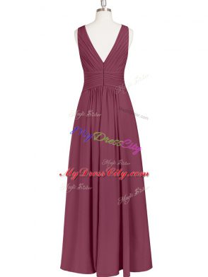 Ruching Dress for Prom Burgundy Zipper Sleeveless Floor Length