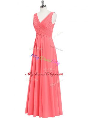 Watermelon Red Empire Chiffon V-neck Sleeveless Ruching Floor Length Zipper Evening Dress